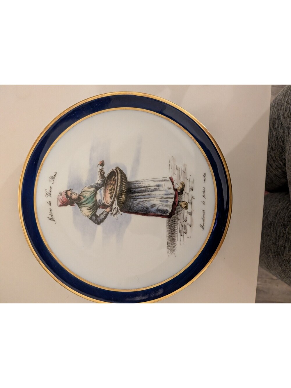 Vintage Bavaria Porcelain Plate 8" Marchande de Poires Cuites Cobalt/GoldTrim